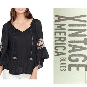 Vintage America Blues "Valerie" Black Embroidered Floral Tassels Flare Sleeves M